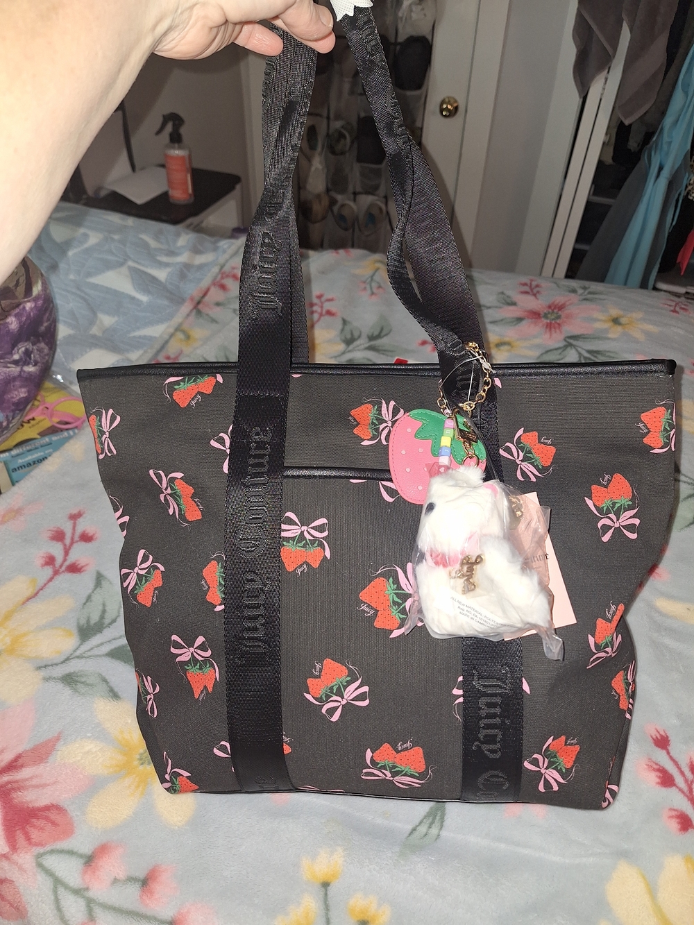 EXCLUSIVEJuicy Couture Black Strawberry Print Tote Bag